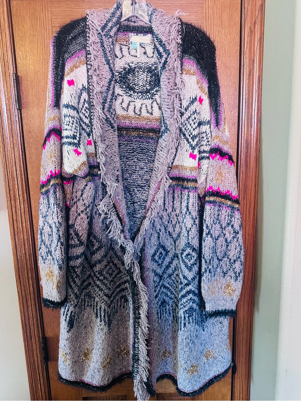 Pilcro Pink Evil Eye Multi Fringe Knit Duster Cardigan - Picture 2 of 5